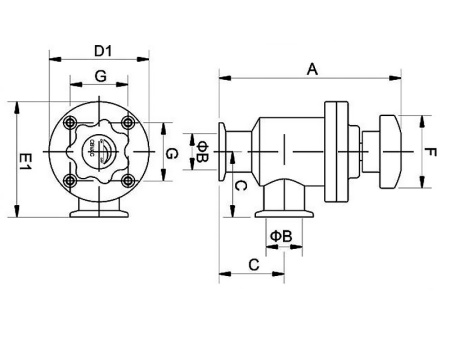 Клапан вакуумный угловой  GD-J25B KF25 Ручной уплотнение - Сильфонное материал - Нержавеющая сталь 304SS